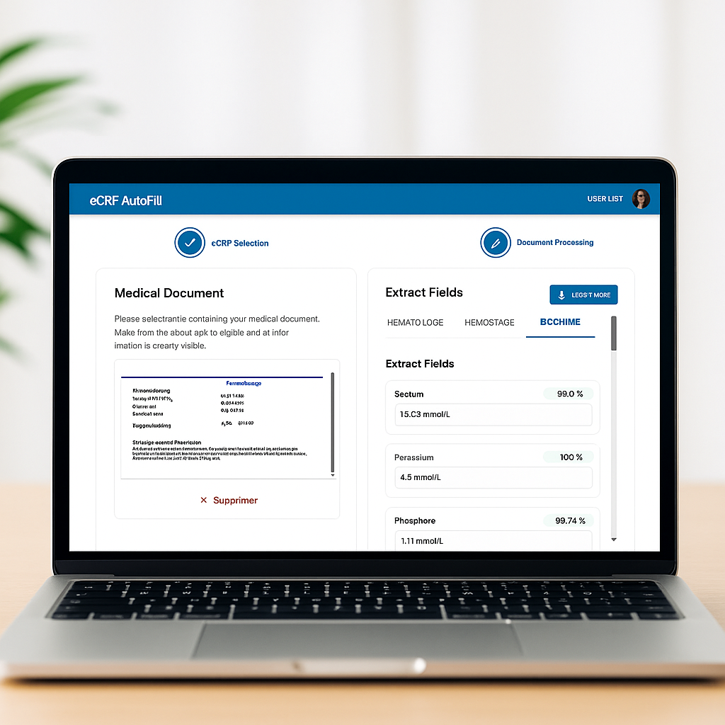 eCRF AutoFill interface showing medical document processing and field extraction
